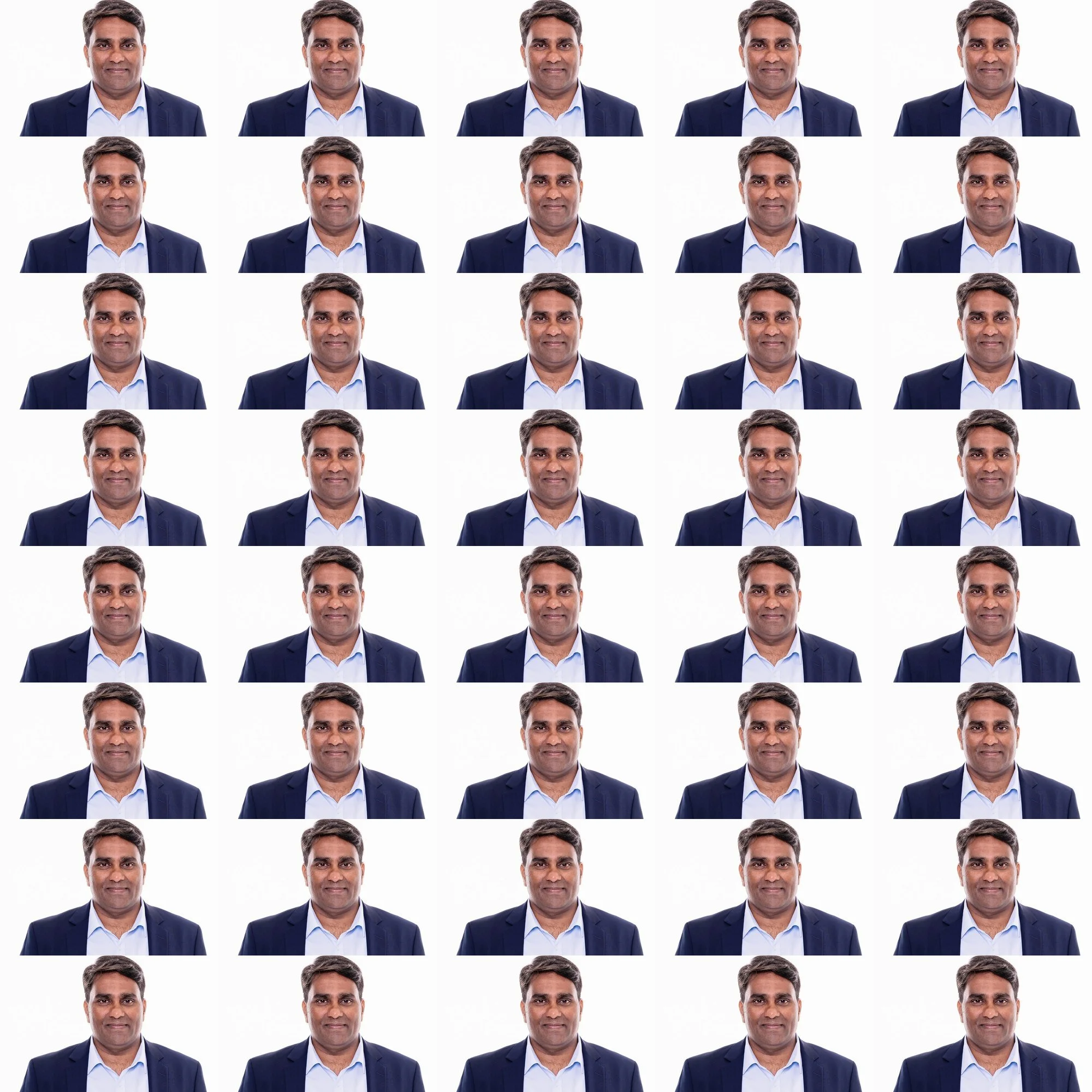 Repeated pattern of a man in a suit and light blue shirt, smiling, with white background.