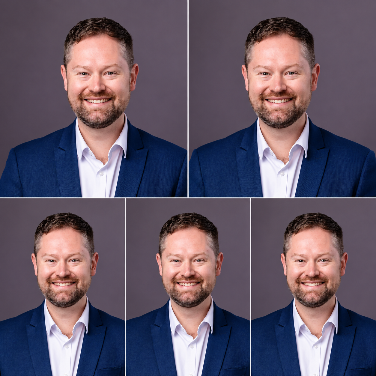 Collage of five professional headshots of a man with short brown hair, beard, wearing a dark blue blazer and white shirt, against a dark grey background, smiling.