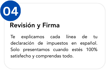 A section of a document titled "Revisión y Firma" in Spanish explaining the importance of understanding tax declaration lines before signing, with a blue circle containing the number 04.