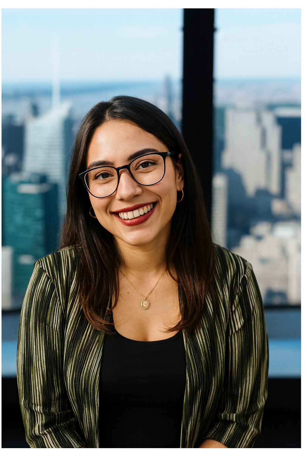 A woman with glasses smiling in front of a cityscape window.
