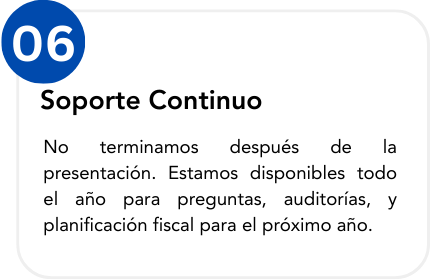 Close-up of a sign with the number 06 and the text "Soporte Continuo" in Spanish, explaining availability of support all year for questions, audits, and tax planning.