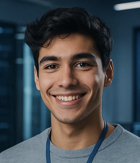 A young man with dark hair smiling in a professional or academic environment.