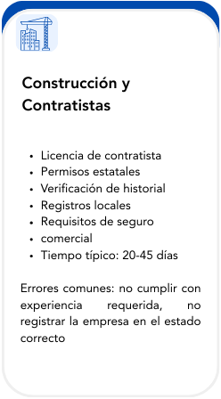A mobile phone screen displaying information about construction and contractors, including licensing, permits, history verification, local records, insurance requirements, commercial details, typical duration, and common mistakes.