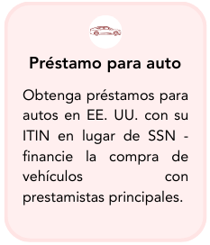 Sign in Spanish about car loans, indicating loans for cars in the US with ITIN and SSN, for vehicle financing with main lenders.