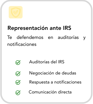A presentation slide titled 'Representación ante IRS' with a yellow icon at the top, listing four points in Spanish about IRS audits, debt negotiation, response to notifications, and direct communication, each with a checkmark.