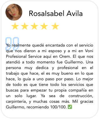 Screenshot of a Google review for Guillermo, praising his construction and professional services, with 5 stars, a green check mark, and a 100/100 rating.