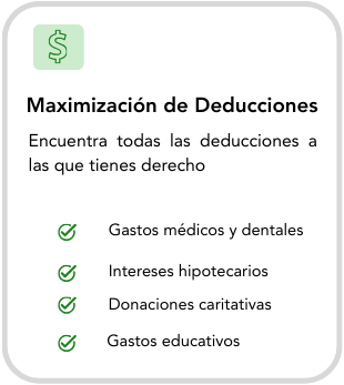 List of deductible expenses for maximizing deductions, including medical and dental expenses, mortgage interest, charitable donations, and educational expenses.