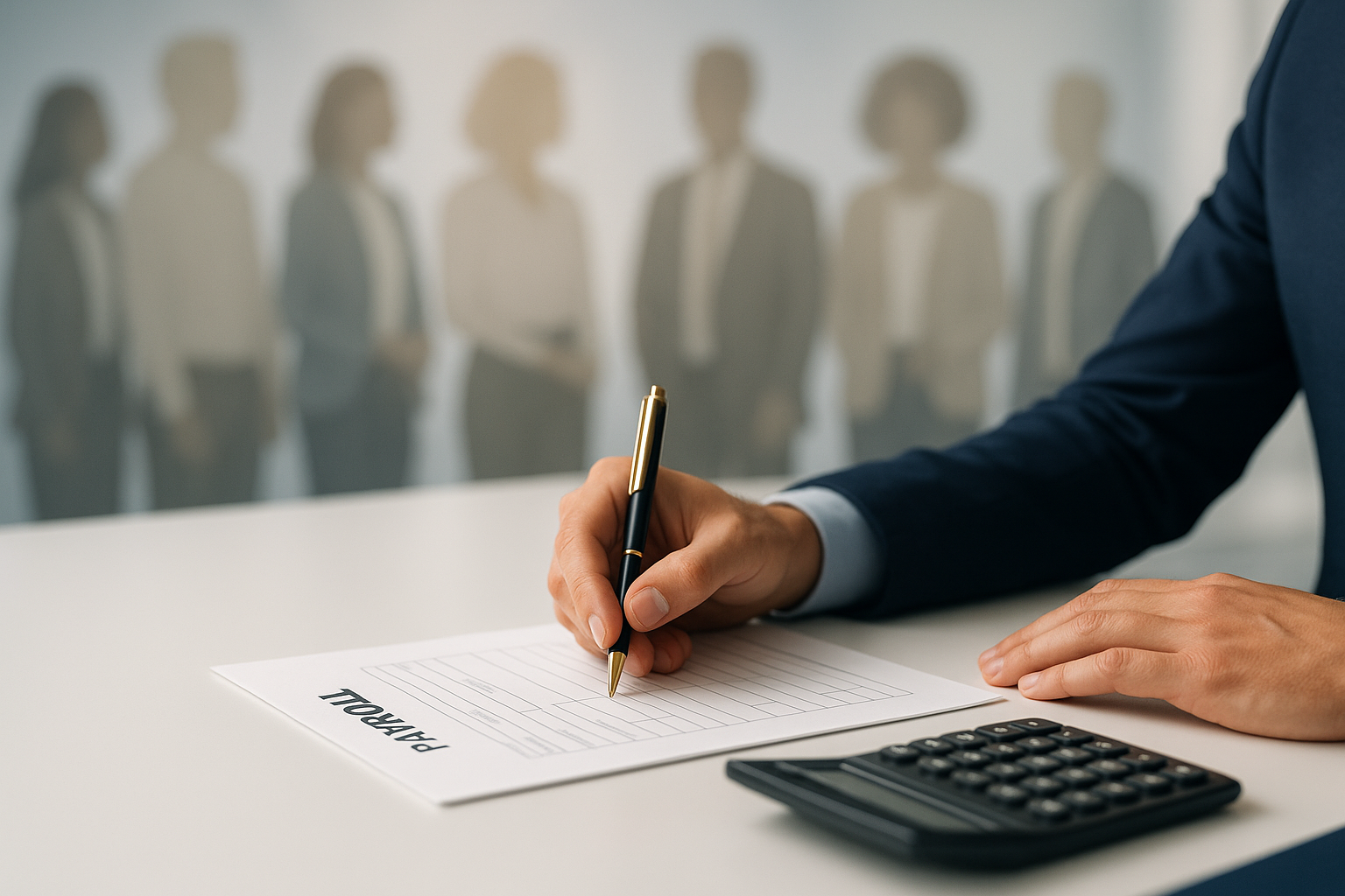 Person in a business suit writing on a job application form at a desk, with a calculator nearby, and a blurred group of people in a business setting in the background.