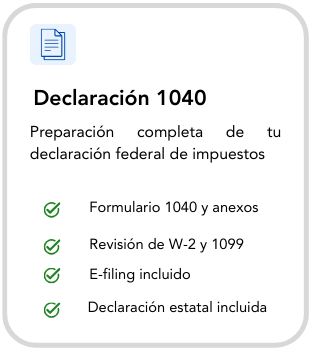 Tax form document titled Declaración 1040 with checklist of completed steps for federal income tax filing, including form 1040, W-2, 1099, e-filing, and state declaration.