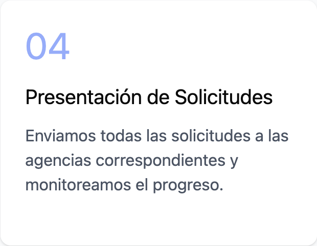 Slide titled '04 Presentación de Solicitudes' with text in Spanish about sending requests to agencies and monitoring progress.
