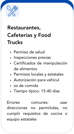 Mobile phone screen displays a list of food service licensing and inspection requirements in Spanish, including health permits, inspections, food handling certificates, local and state permits, vehicle authorization, food safety, typical duration, and common errors.
