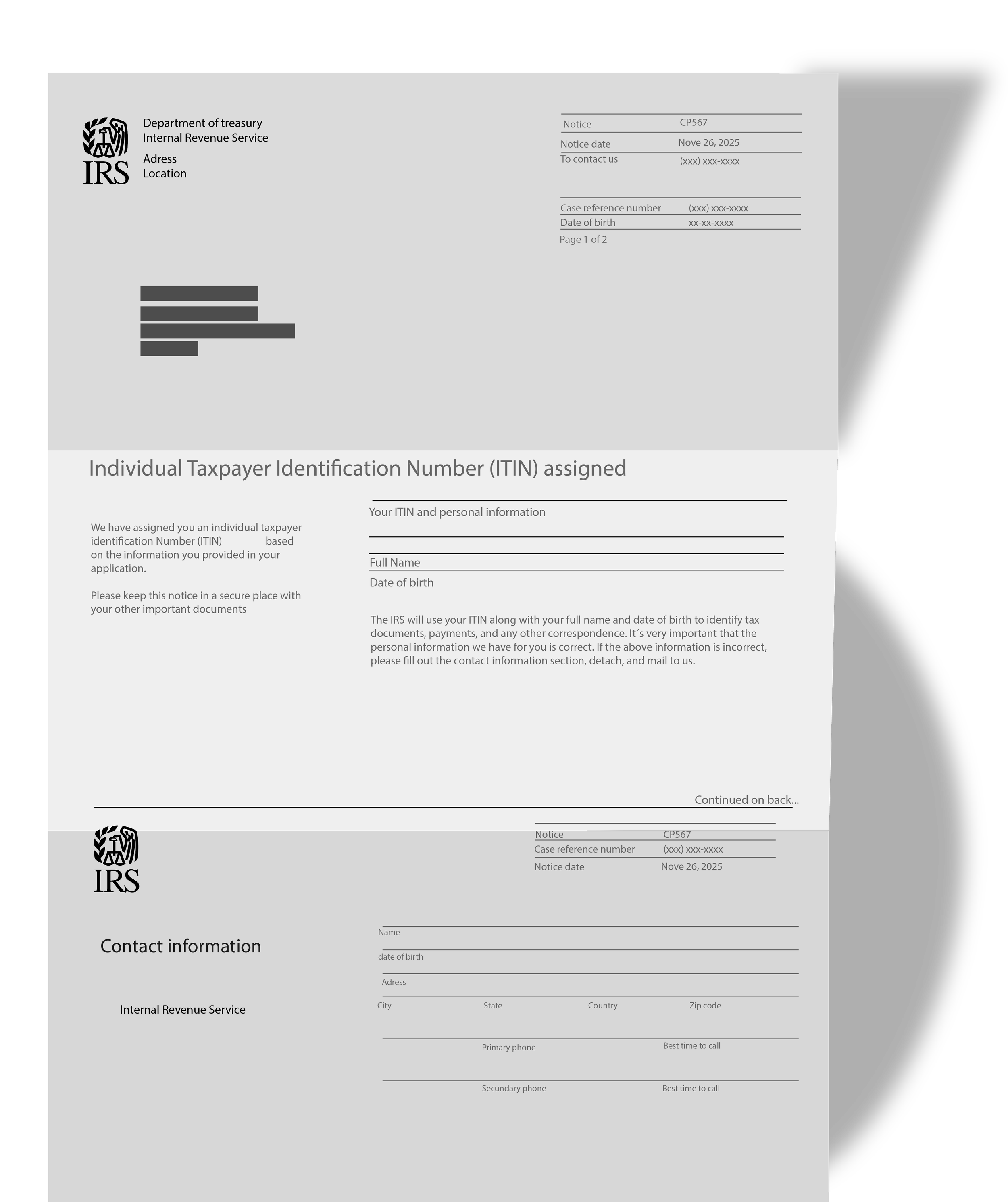 A U.S. IRS document titled 'Individual Taxpayer Identification Number (ITIN) assigned' with personal and contact information fields, notice details, and IRS logos.