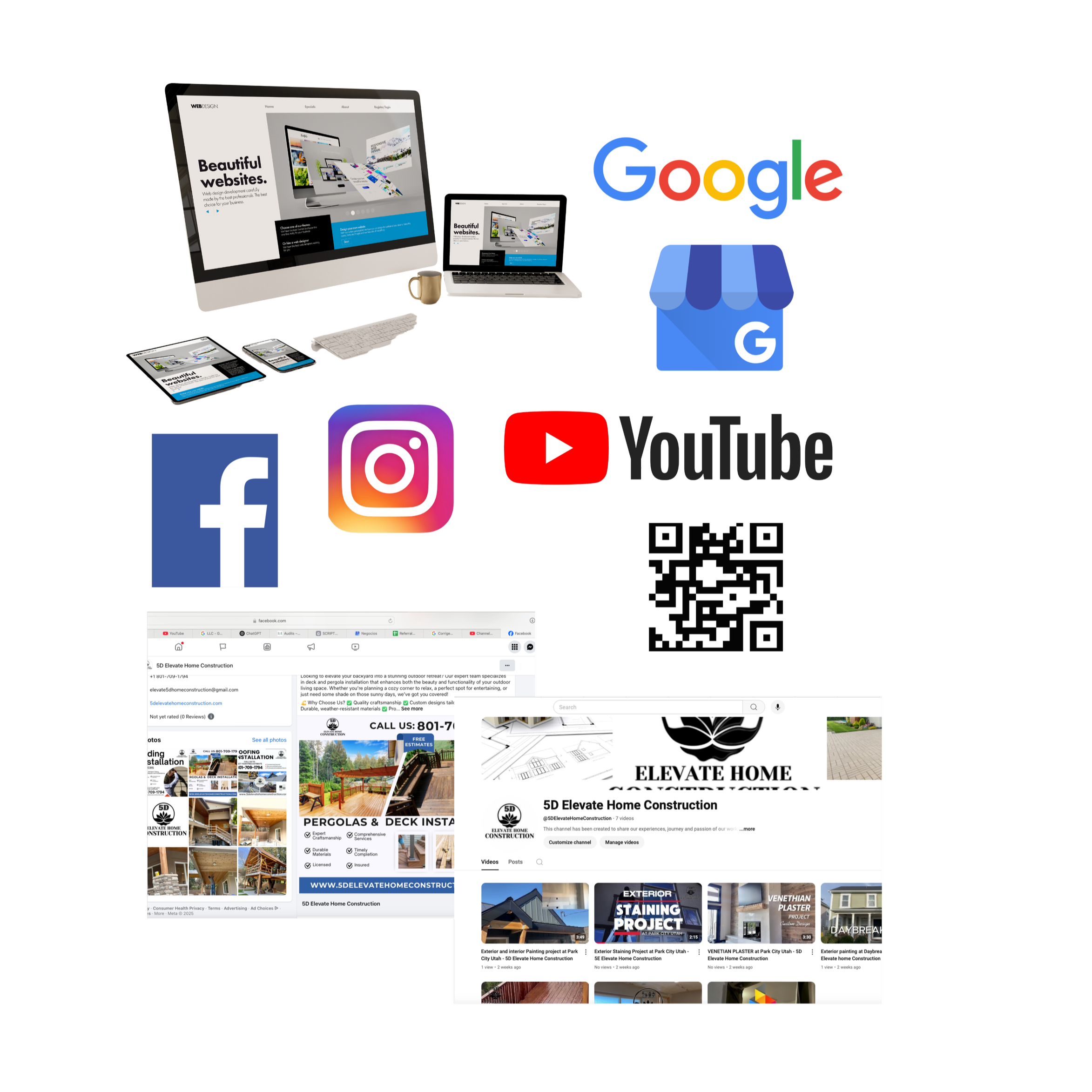 Digital marketing and social media branding for Elevate Home Construction, featuring computer monitors, tablet, smartphone, social media icons for Facebook, Instagram, YouTube, and Google, and Facebook pages for construction projects.