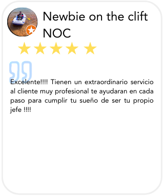 A profile review titled 'Newbie on the cliff NOC' with a 5-star rating, a small profile picture of a person at the top left, and a message in Spanish praising the professional service.