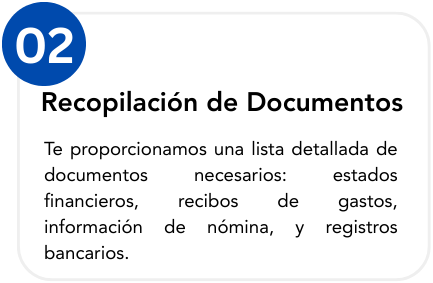 A section of a presentation slide titled 'Recopilación de Documentos' with bullet points listing documents needed like financial statements, expense receipts, payroll information, and bank records.