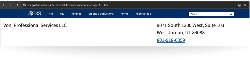 Screenshot of the IRS website page for Voni Professional Services LLC with address 9071 South 1300 West, Suite 103, West Jordan, Utah 84088, and phone number 801-918-0359.
