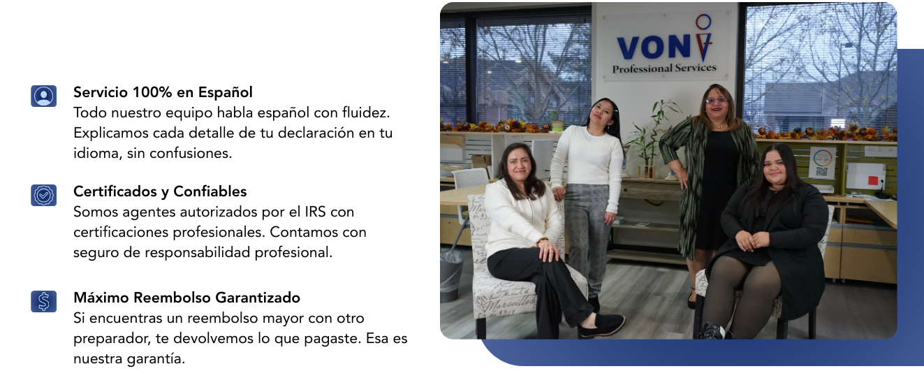 Four women posing inside an office with a "VON Professional Services" sign in the background. Two women are sitting, two are standing, all smiling.