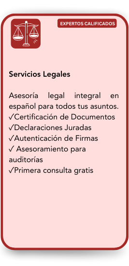 Legal services advertisement offering legal advice in Spanish, document certification, sworn declarations, signature authentication, audit advice, and free first consultation, with a red and pink design and a scales of justice icon at the top.