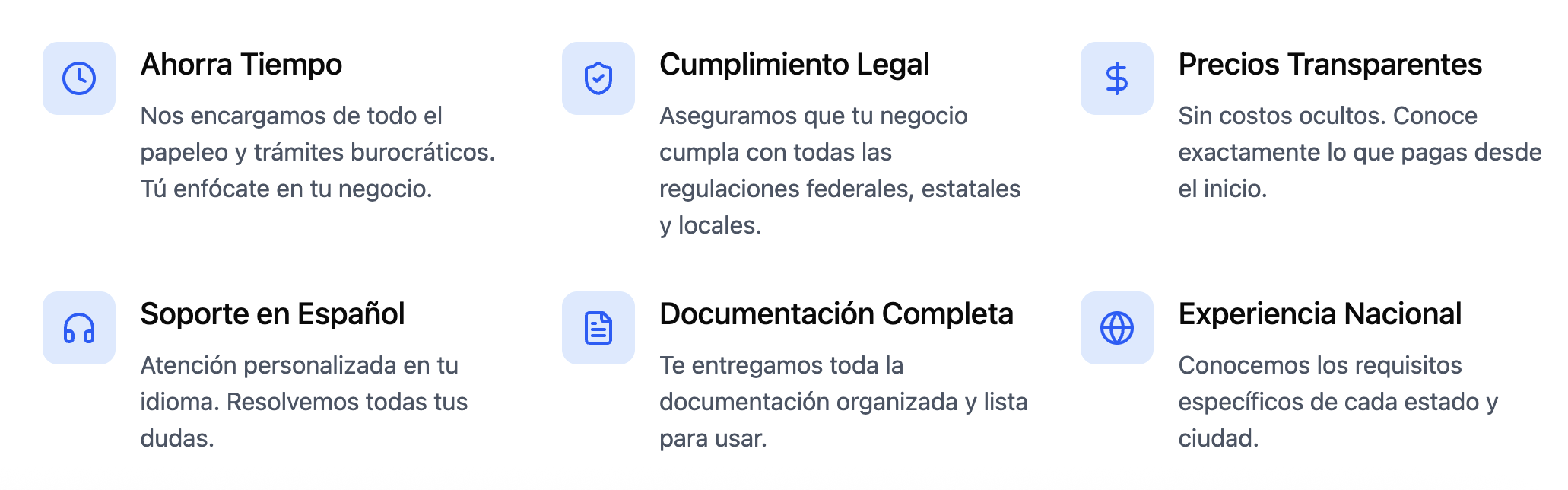 Six columns of text with icons about services such as saving time, legal compliance, transparent prices, Spanish support, complete documentation, and national experience, all in Spanish.