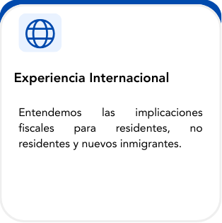 Screenshot of a webpage titled 'Experiencia Internacional' with a globe icon, discussing tax implications for residents, non-residents, and new immigrants.