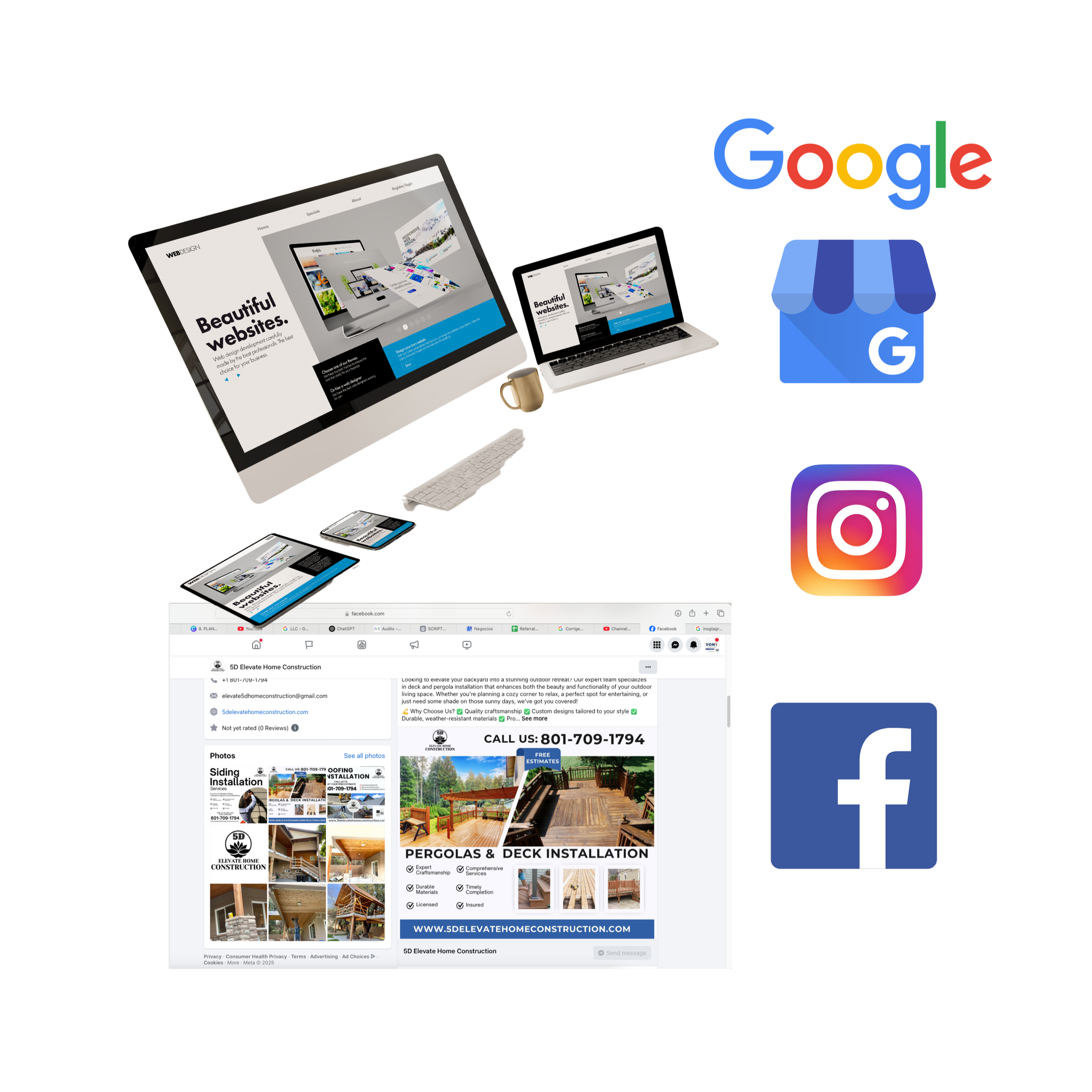 Digital marketing and social media icons around a computer monitor, laptop, tablet, and smartphone displaying a website, with Google, Facebook, and Instagram logos.