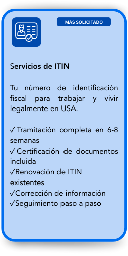 Information card about ITIN services, including tax number processing, document certification, renewal, correction, and step-by-step guidance.
