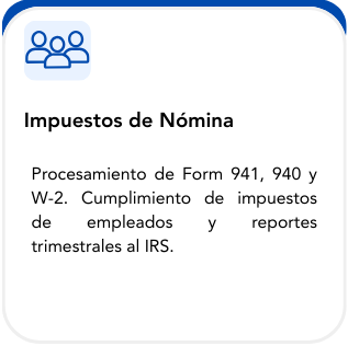 A digital screen displaying text in Spanish about payroll taxes, mentioning Form 941, 940, and W-2, and IRS quarterly reports.
