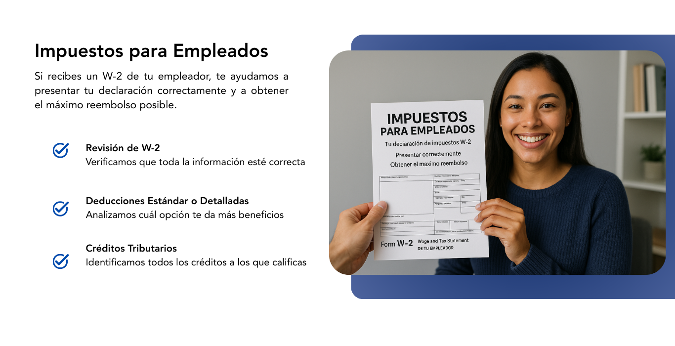 A woman holding a document titled 'Impuestos para Empleados' in Spanish, with a smiling face, wearing a blue sweater, in an indoor setting with bookshelves in the background.