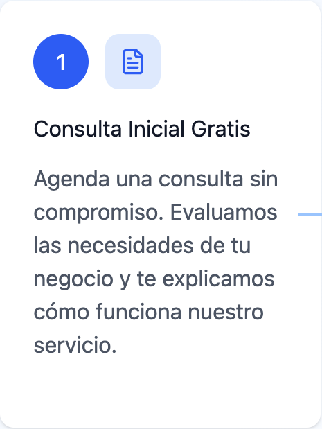 Screen showing a free initial consultation offer in Spanish, with a description about evaluating business needs and explaining how the service works.