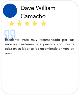 A review card with a blue profile icon, the name Dave William Camacho, five gold stars, and a review in Spanish praising Guillermo's services.