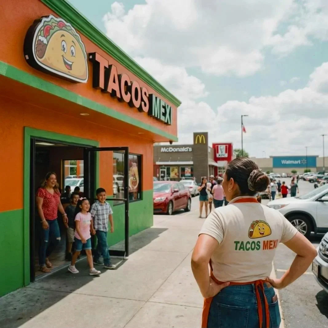 A taco restaurant with a family exiting and a worker in a Tacos Mexican shirt watching them. The restaurant has an orange and green exterior with a smiling cartoon taco sign. In the parking lot, there are cars and other fast-food establishments visible, including McDonald's, KFC, and Walmart.