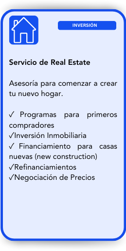 Smartphone screen displaying a real estate service ad in Spanish, with icons and a list of services including programs for first-time buyers, real estate investment, financing for new homes, refinancing, and price negotiation.