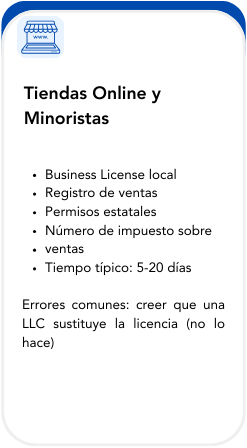 Mobile phone screen displaying information about online stores and small retailers, including licensing, sales registration, permits, tax number, sales, and typical duration of 5-20 days. Also mentions common mistakes about LLC licensing.