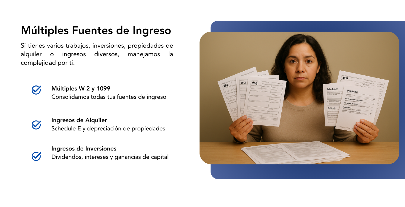 Woman sitting at a table holding multiple tax forms and documents, with a neutral background.