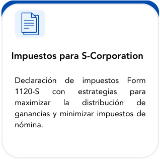 Document titled 'Impuestos para S-Corporation' with a description about tax declaration and strategies to maximize profit distribution and minimize payroll taxes.