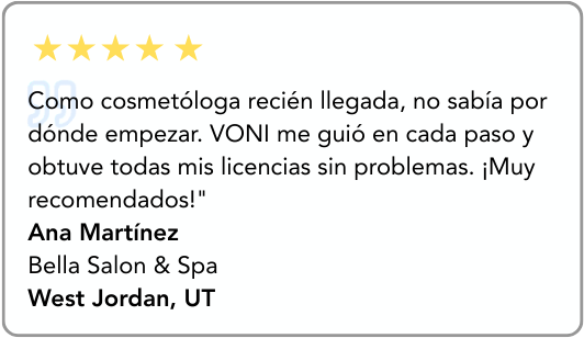 Review of a cosmetologist in Spanish, praising their guidance and licenses, signed by Ana Martinez from Bella Salon & Spa in West Jordan, UT.
