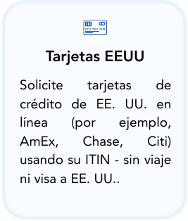 Informational card about US credit cards explaining how to apply for a US credit card online using various providers like AmEx, Chase, and Citi, with an ITIN and without travel or visa.