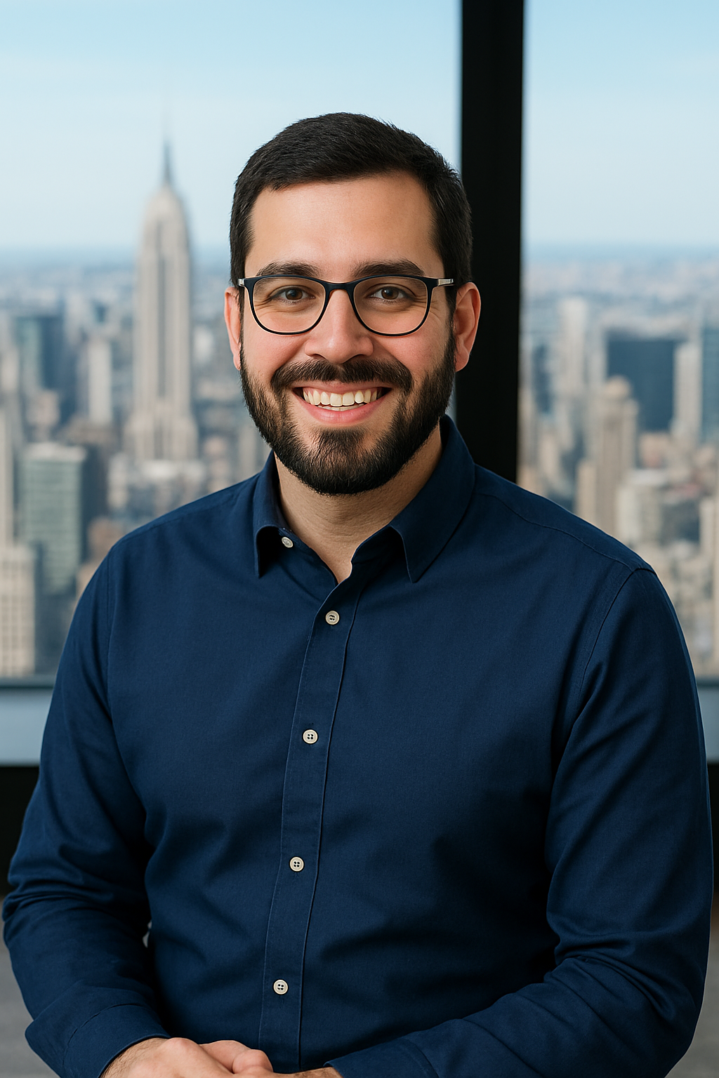 A man with glasses, a beard, and a navy blue shirt smiling in front of a city skyline window.