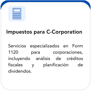 Mobile screen displaying text about taxes for C-Corporation, mentioning specialized services in Form 1120, including credit analysis and dividend planning.