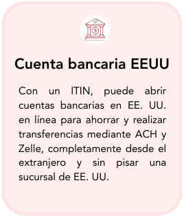 Information about opening a bank account in the USA with an ITIN, including details on online savings, transfers via ACH and Zelle, from a U.S. branch.