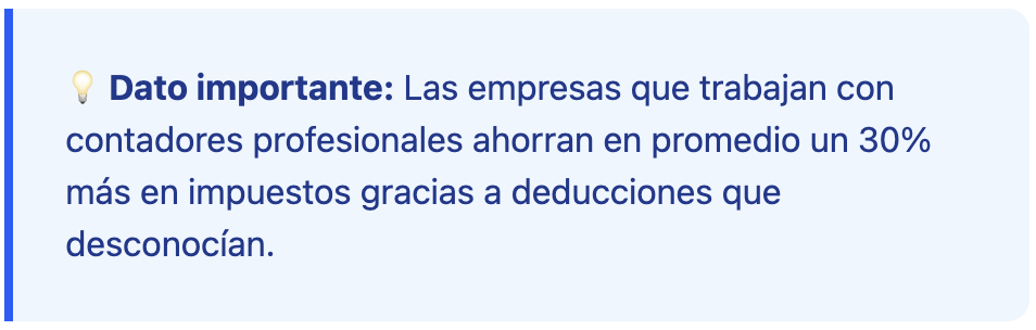 Text box with the message: Important fact: Companies working with professional accountants save an average of 30% on taxes through deductions they were unaware of.