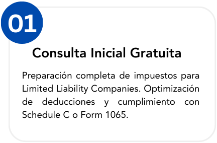 Screen with a blue circle labeled '01' and the text 'Consulta Inicial Gratuita' in Spanish, with additional details about tax preparation for LLCs, deductions, and Schedule C or Form 1065.
