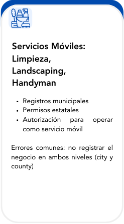 Mobile service advertisement in Spanish listing cleaning, landscaping, handyman services, with bullet points about municipal registrations, permits, and authorization for mobile operation, mentioning common errors like not registering the business at city and county levels.