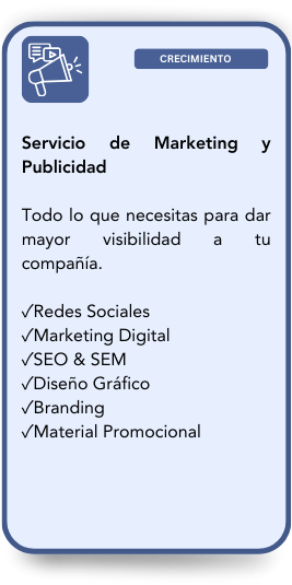 A marketing and advertising service flyer with a blue and white color scheme, listing services like social media, digital marketing, SEO & SEM, graphic design, branding, and promotional material.