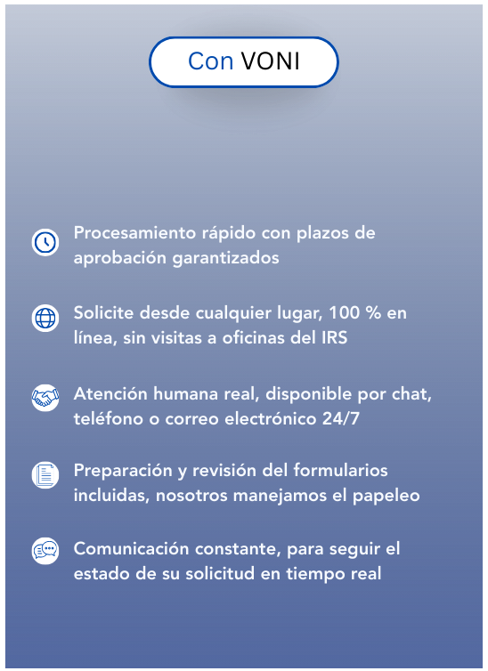 Informational graphic titled 'Con VONI' outlining benefits of a service, including fast processing, online application, 24/7 human support via chat, phone, or email, document review, and real-time application status updates.