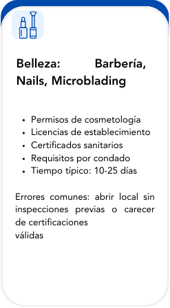 Information page about beauty services including barbering, nails, and microblading. It lists requirements such as cosmetology permits, establishment licenses, sanitary certificates, and certification requirements, with a typical time frame of 10-25 days. It also warns against common mistakes like opening without inspections or valid certifications.