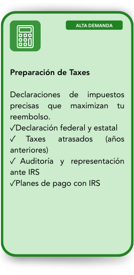 Green mobile screen displaying tax preparation services, including federal and state tax filings, overdue taxes, IRS audit representation, and payment plans.