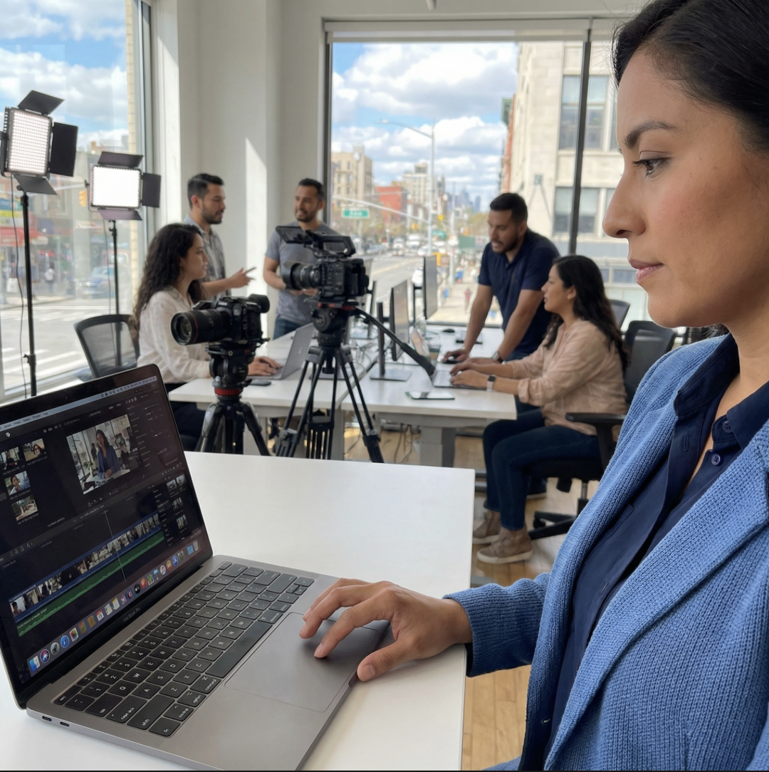 A woman editing video on a MacBook in a studio with a live shoot happening behind her, featuring a group of people filming a discussion with cameras and lighting.