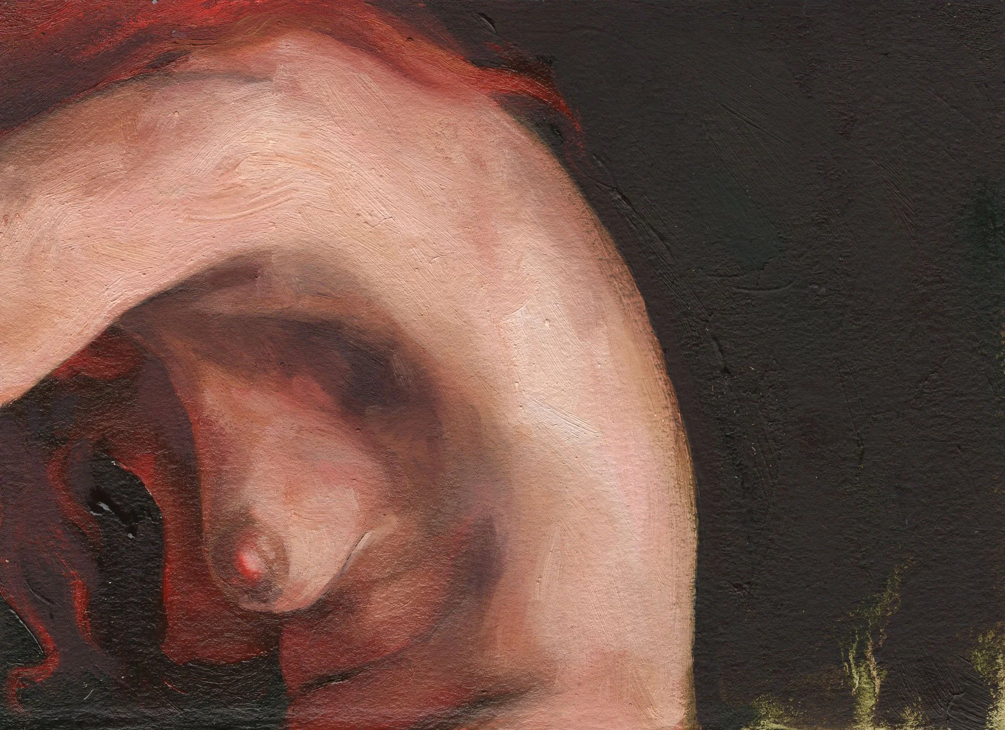 Close-up of a realistic painting of a woman, back arched over, set against a dark background.