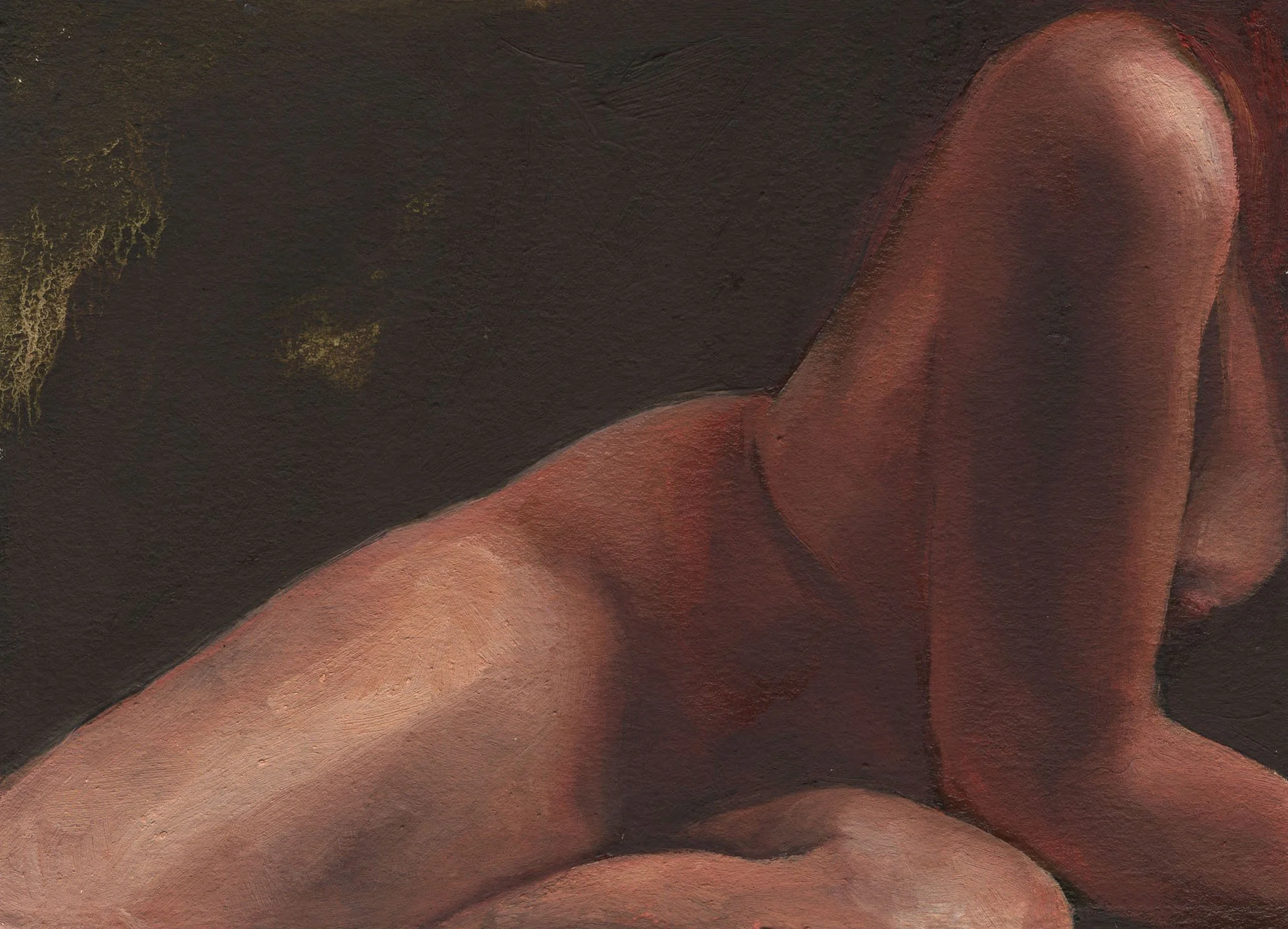 Close-up of a nude woman sitting , with dark textured background.